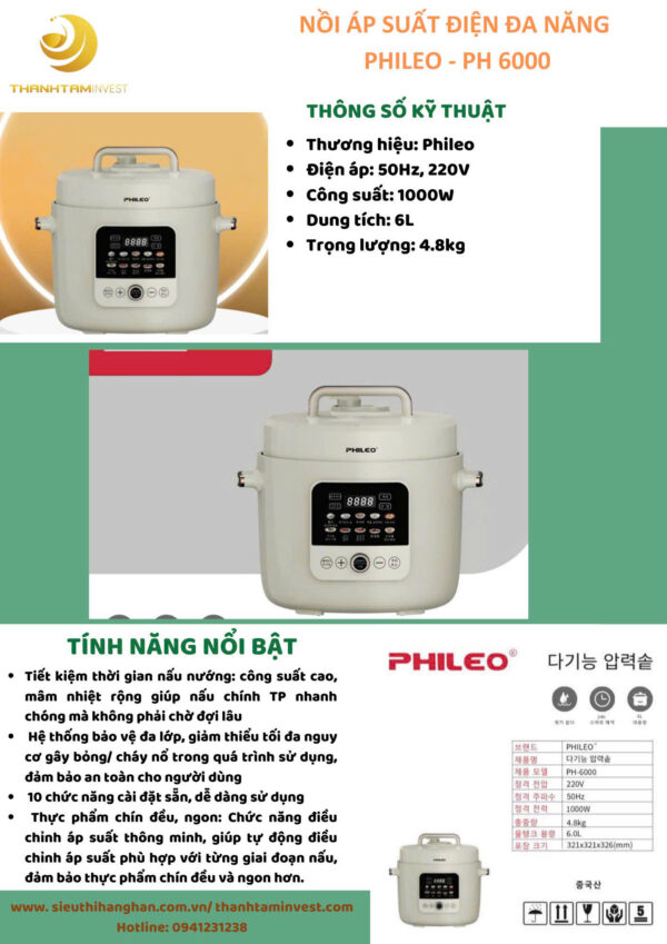 NỒI ÁP SUẤT ĐIỆN ĐA NĂNG PHILEO – PH 6000 - Hình ảnh 2